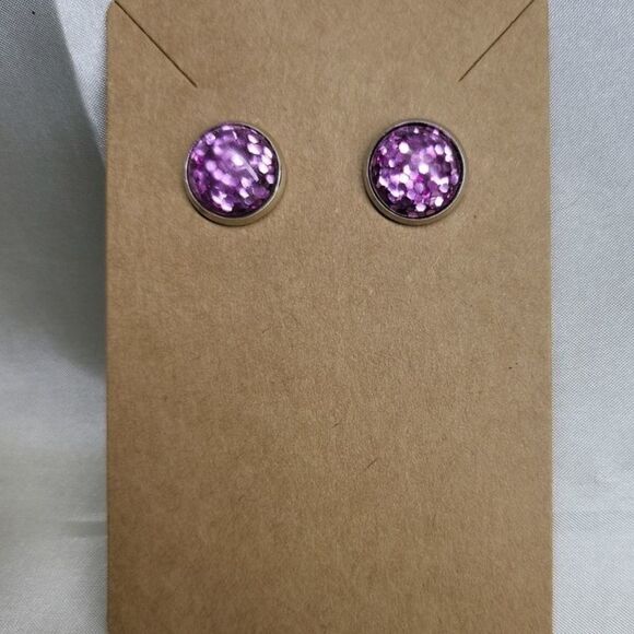 𝅺2 Pair Druzy Quartz Sparkly Glitter Earrings Green & Purple in Silver Setting - Picture 5 of 8